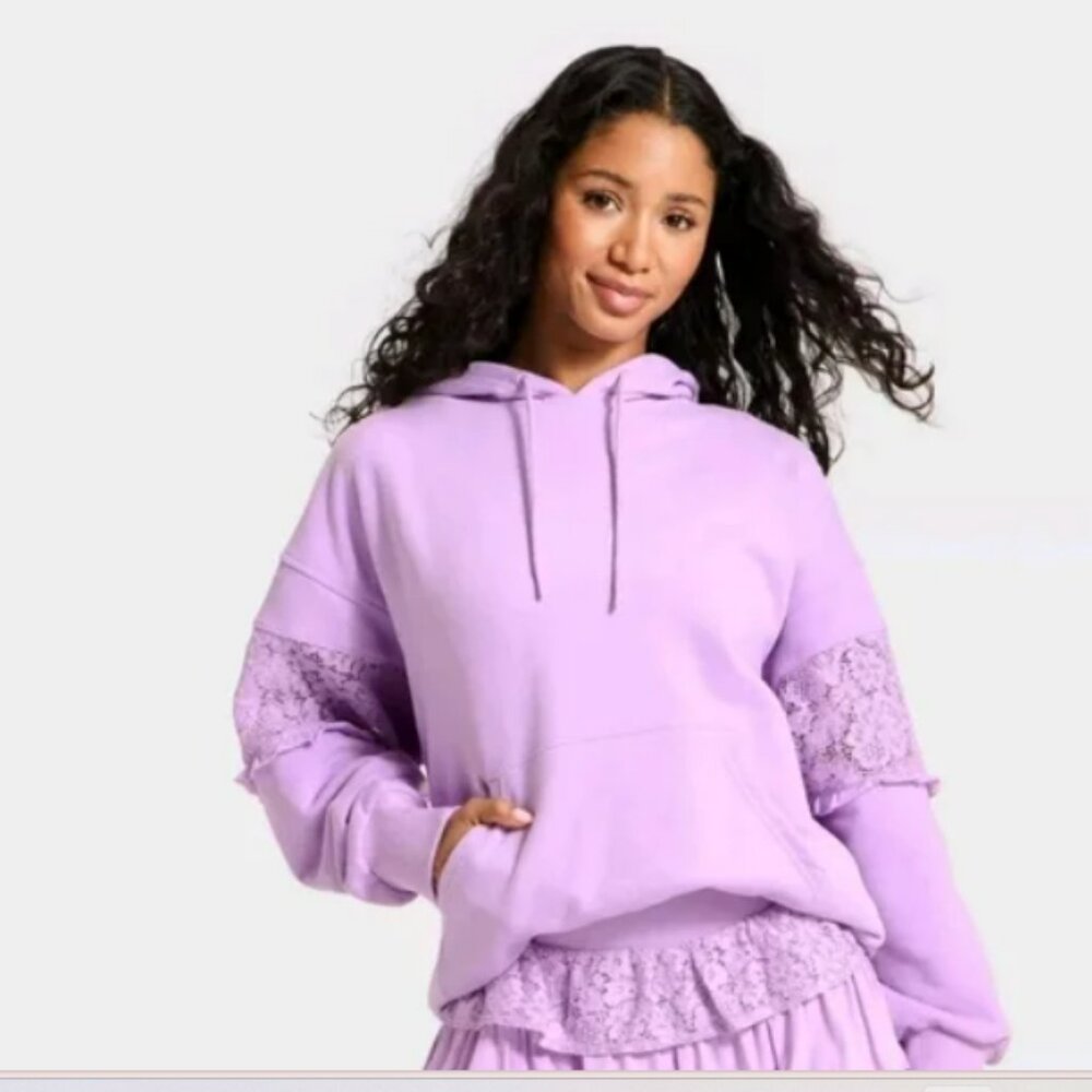 Women's Lace Trim French Terry Hooded Sweatshirt - JoyLab Purple Large